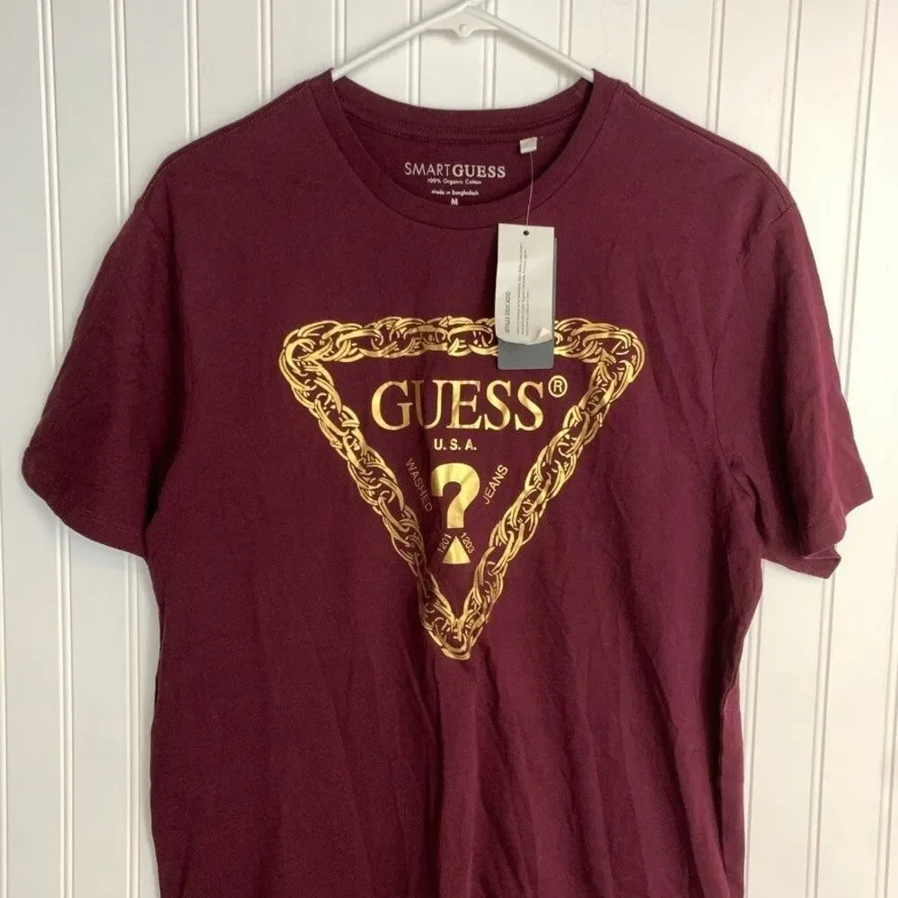 Guess Men Short Sleeve T-Shirt Gold Burgundy Crewneck Logo Triangle Size M - Picture 4 of 7